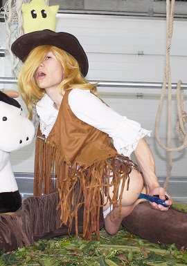 crossdress crossdresser crossdressing femboy sissy trap cosplay rosalina cowgirl chaps blonde uniform farmer