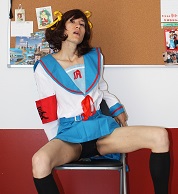 cosplay crossdress crossdresser crossdressing femboy sissy trap Haruhi Suzumiya ass lingerie toy sucking panties